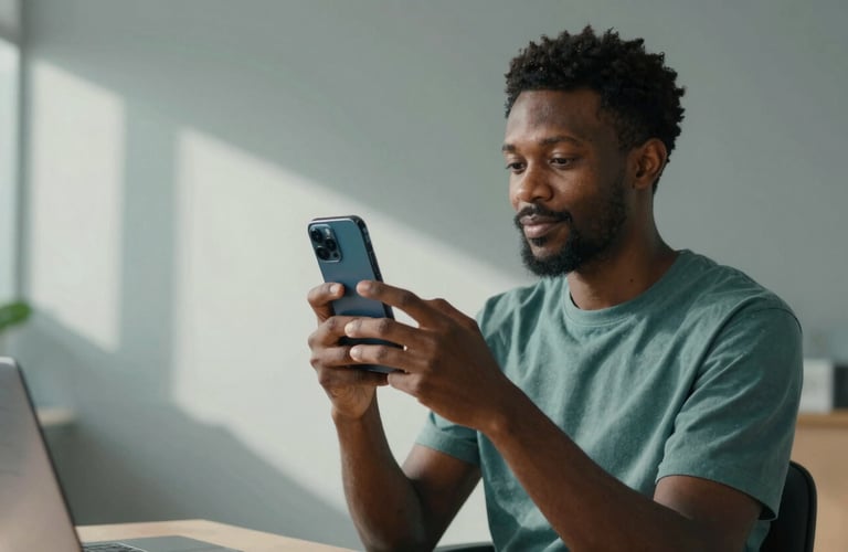 A professional photography shot of a creative person using a high-end smartphone in a sunlit, modern studio. The environment is minimalist with teal and light gray accents. Global / African diaspora context, professional startup mood, soft natural lighting.