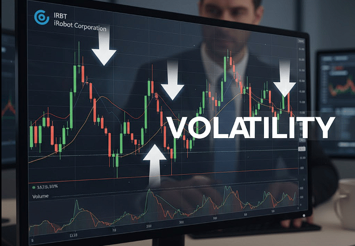 Stock chart showing volatility of iRobot stock (IRBT) due to Amazon acquisition news.