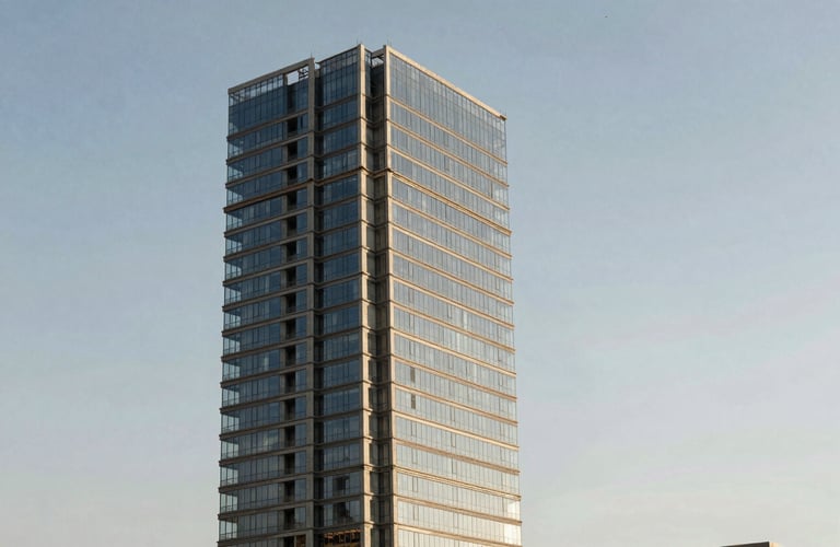 Professional architectural photography of a modern high-rise building under construction in a Spanish metropolitan area. The structure shows clean glass and concrete lines against a light blue/grey sky. The composition is minimalist and emphasizes vertical strength and functionality.