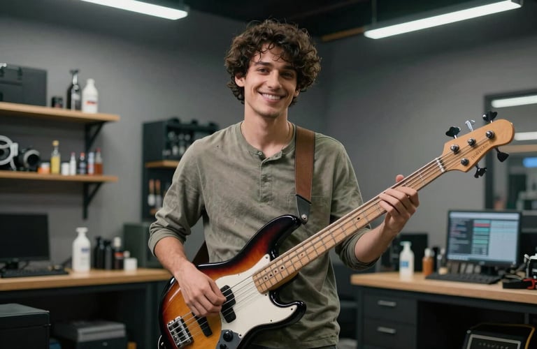 A happy musician in casual attire holding their serviced bass guitar in a modern, professional North American repair shop setting.