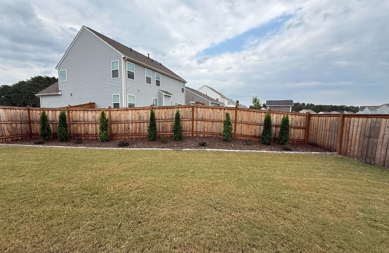 Landscape design along back fence with arborvitaes, azaleas, and butterfly bushes with a stone border and cane rock for mulch