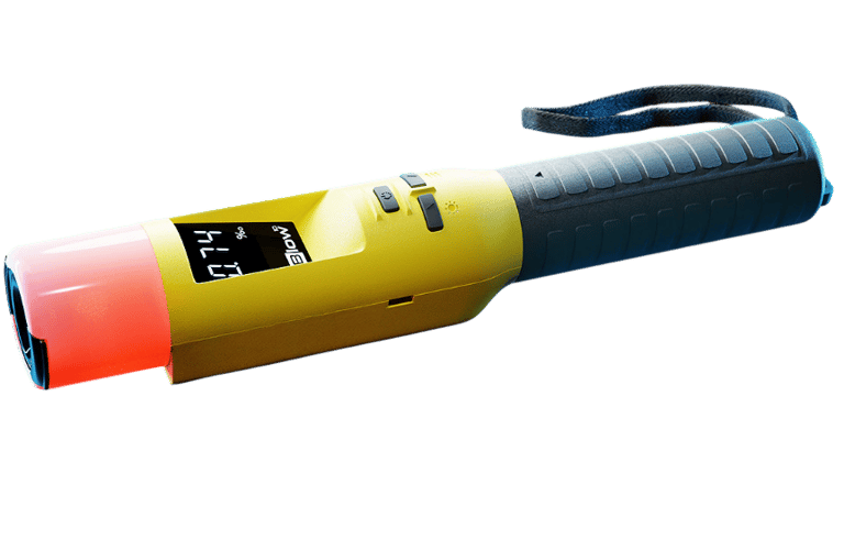 Portable digital breathalyzer with a yellow body, glowing red sensor, and LCD screen display.