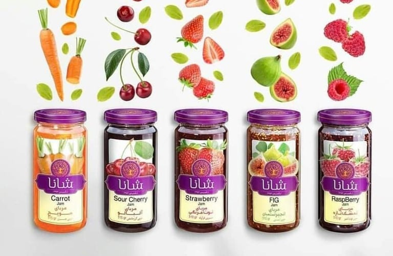 Organic Iranian fruit jams in vibrant jars with fig, cherry, carrot, strawberry, raspberry – buy online now