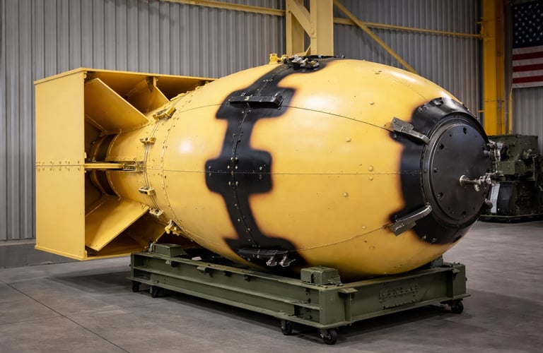 Replica of the “Fat Man” atomic bomb used in Nagasaki, displayed in a museum.