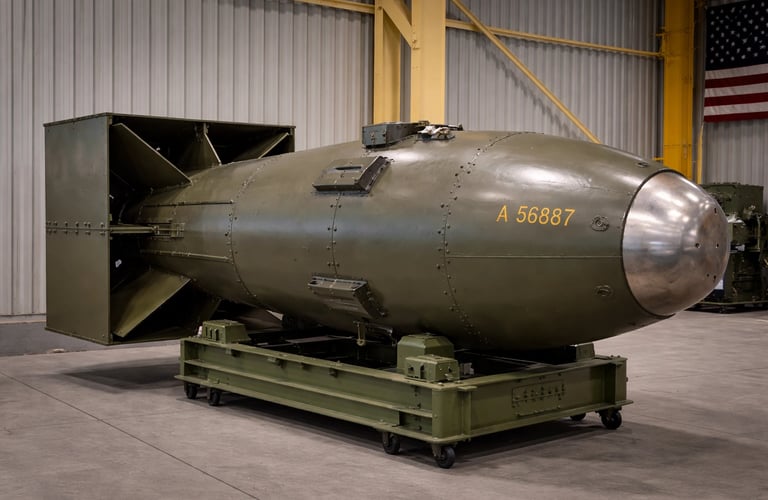 Replica of the “Little Boy” atomic bomb used in Hiroshima, displayed in a museum.