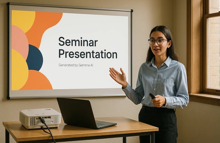 Student presenting a seminar slide deck created using Gamma AI tool