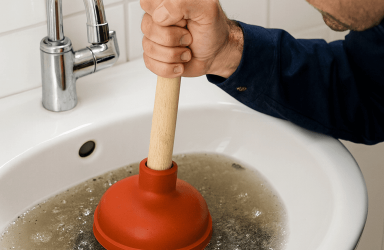 a man in a blue shirt is holding a plunger