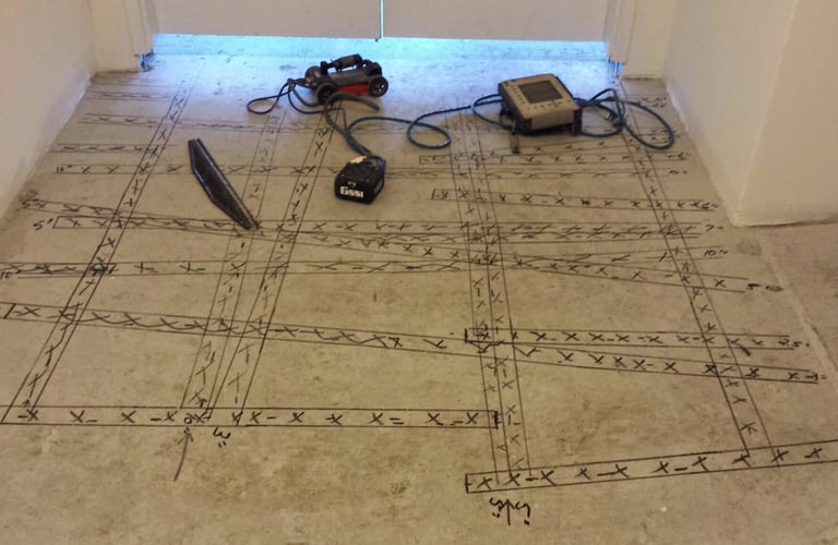 Concrete floor radar imaged to locate cables, conduit and rebar in the floor