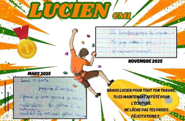 Voici le diplôme donné à Lucien à la fin de sa rééducation de graphopédagogie.