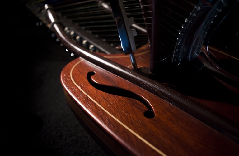 Nahaufnahme des Resonanzbodens der chromatischen Kora mit „Jazzy-Pedal“ Kora"