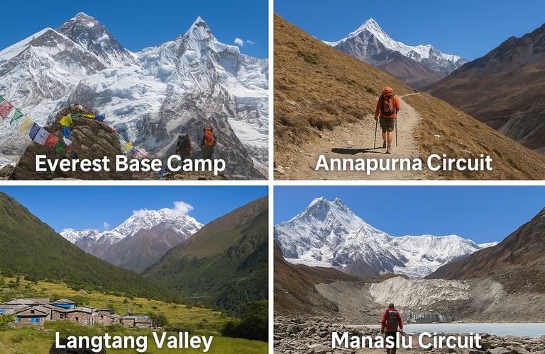 Landscape collage of Nepal’s Big Four treks — Everest Base Camp, Annapurna Circuit, Langtang Valley, and Manaslu Circuit — fe