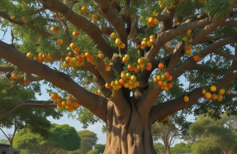 Árvore de jenipapo frutificando, com tronco grosso e raízes expostas, cheia de frutos amarelo-alaran