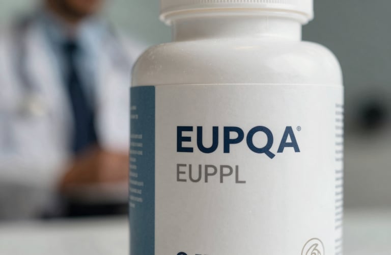 Detailed close-up of a supplement bottle label with a clean, modern design. Soft focus on a professional European setting in the background. Lighting is bright and professional, dominated by off-white and muted blue.