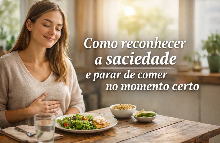 Mulher satisfeita após refeição equilibrada, representando saciedade alimentar