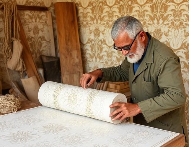 A skilled craftsman unrolling a roll of vintage damask wallpaper on a wooden workbench.