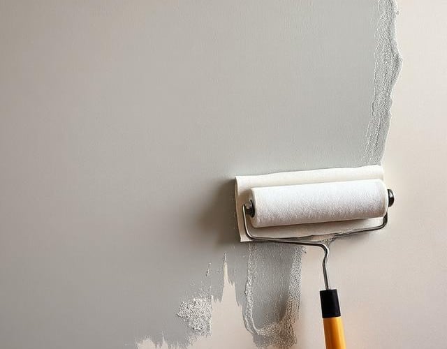 A white paint roller applying a fresh coat of light gray interior paint to a neutral colored wall.