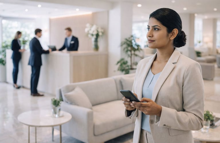 Indian mystery guest auditor observing hotel reception experience in a lobby