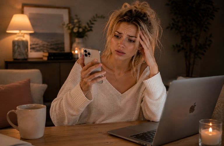 A stressed woman looks at her smartphone while working late at a laptop in a cozy home office.
