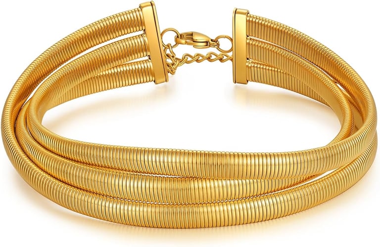 Chunky Gold Stainless Steel Choker Necklace For Women Stretch Snake Shain Non Tarnish Gold Triple Necklace