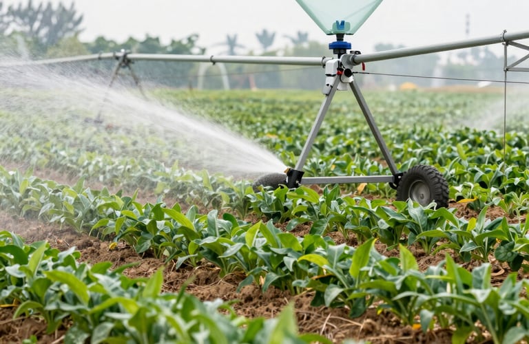 Automatic mobile irrigation system spraying water onto crops in a commercial farm field.