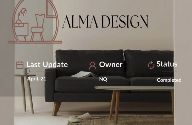 Interior design website UI mockup showing a modern living room, brand logo, and project details.