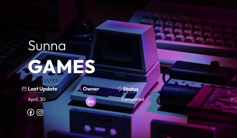 Gaming website UI mockup featuring retro computer equipment and a dark interface.
