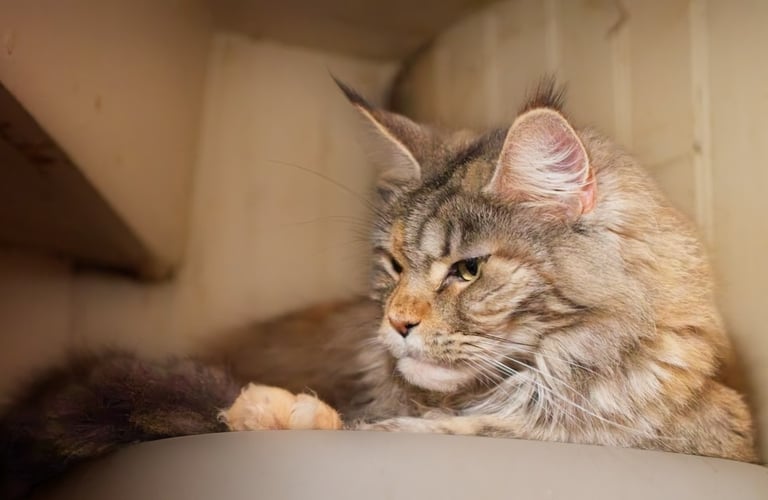 A fluffy tabby Maine Coon cat with tufted ears resting in a cozy corner.