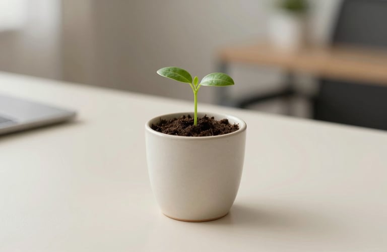 A small green sprout growing out of a sleek ceramic pot on a clean cream desk, symbolizing financial growth and new beginnings, minimalist style.