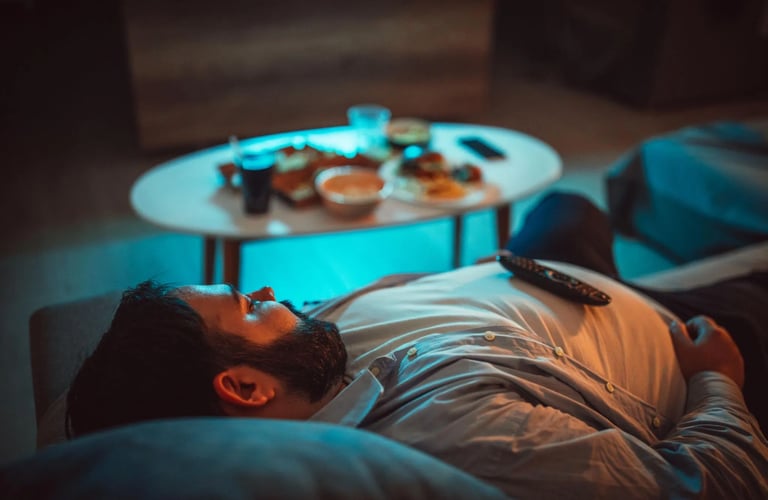 Homme allongé sur un canapé, semblant fatigué, avec une télécommande sur le ventre et des restes de nourriture sur une table