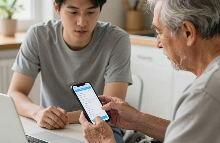 Young man assisting an elderly man in a wheelchair with using a smartphone app and laptop.