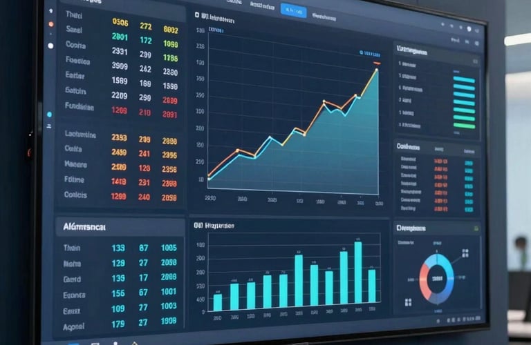 High-quality photography of a large digital dashboard showing growth metrics and business charts on a screen, set in a modern dark blue office environment in Argentina, professional and sharp lighting.