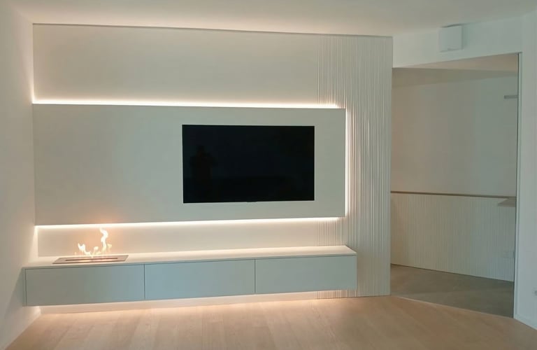 Giulia Sbrogiò | designer - living room - progettazione d'interni - mobile tv - caminetto - stile moderno - casa nuova