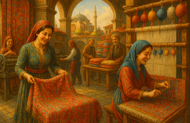 A realistic painting of a lively carpet weaving workshop in historic Middle Eastern City Istanbul