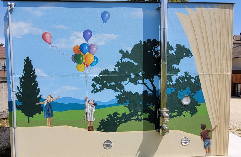 Fresque peinte sur façade. Des enfants jouent sur un muret, un paysage simplifié en arrière plan.