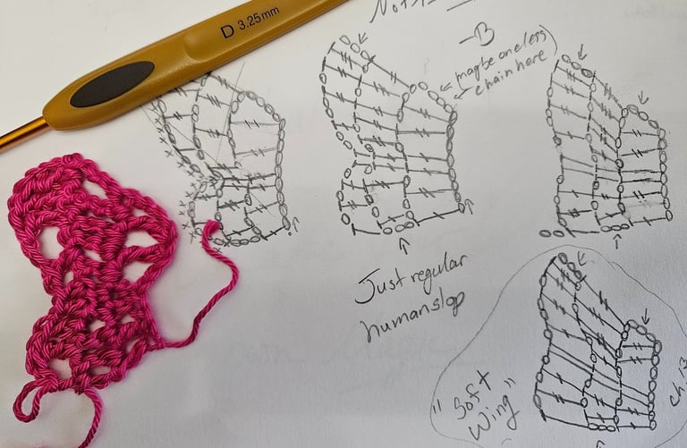 pink crochet item and crochet hook on a paper with crochet charts