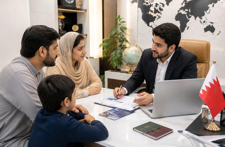 Pakistani family consulting a visa expert for a Bahrain visa application.