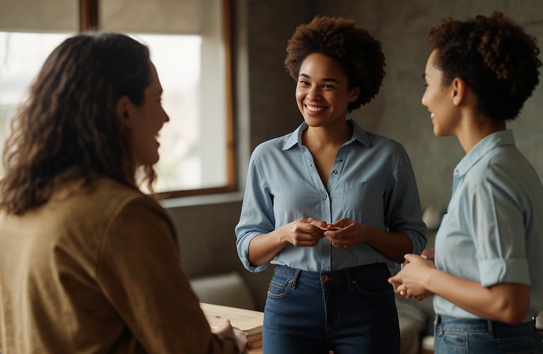 3 femmes souriantes qui parlent ensemble