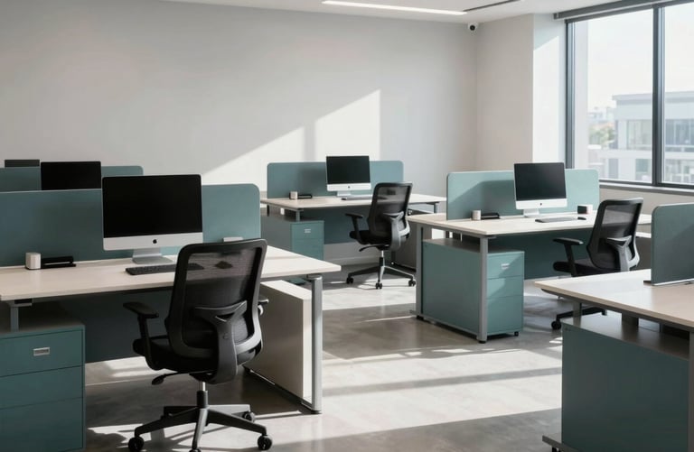 A professional and clean Australian office workspace with minimalist desks and ergonomic chairs. Natural sunlight reflects off spotless surfaces. The atmosphere is quiet and professional, featuring medium teal accents in the modern furniture. High-resolution commercial photography.