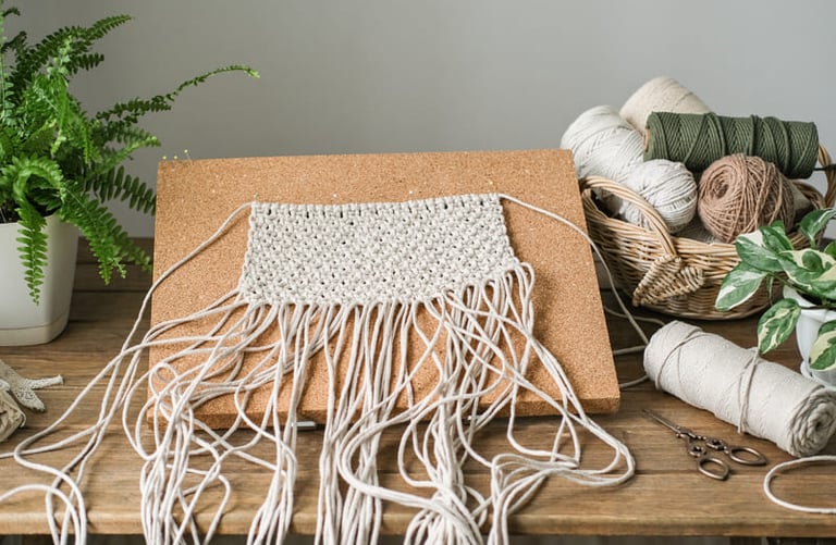 Tapete hecho de manera artesanal, sobre una mesa de madera con hilos de macramé