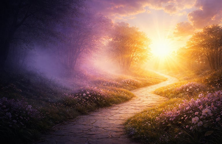 A stone path winds through a misty garden with purple flowers under a glowing sunrise.
