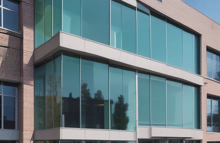 Modern glass facade reflecting a clear blue sky.