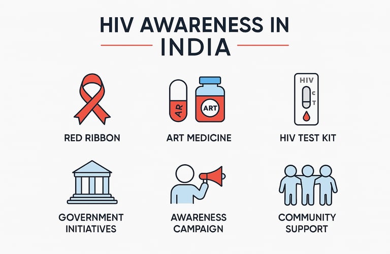 HIV-awareness-in-India-Icons-of-red-ribbon-ART-medicine-HIV-test-kit-government-initiatives-awarenes