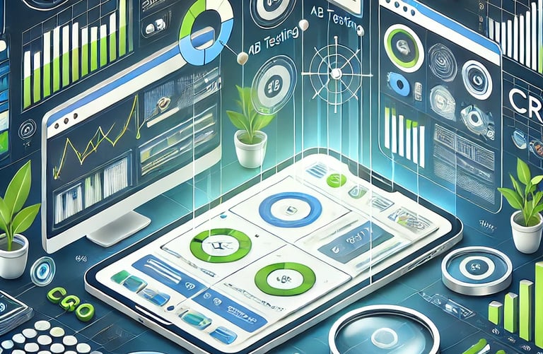CRO concept with A/B testing, landing page optimization, and heatmap analysis."