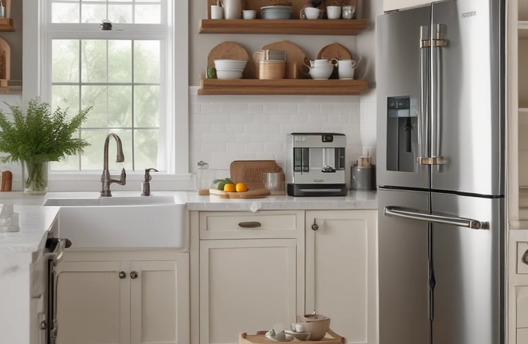 A well-organized store interior with neatly arranged products. Various home goods and decorations are displayed, including kitchenware, artificial flowers, and textiles. Shelves are filled with neatly stacked items, and the store is brightly lit with natural and artificial light.