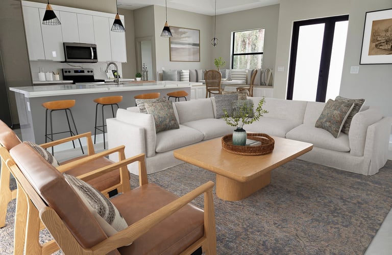 Digitally staged view of living room and kitchen with sofa, dual color kitchen cabinets, calacata 