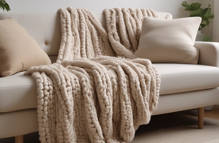 beige chunky knit throw blanket on couch