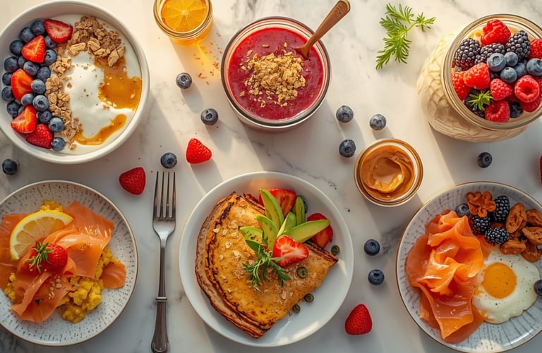 Healthy breakfast spread with smoked salmon, eggs, fruit yogurt bowls, and berry smoothies on marble.
