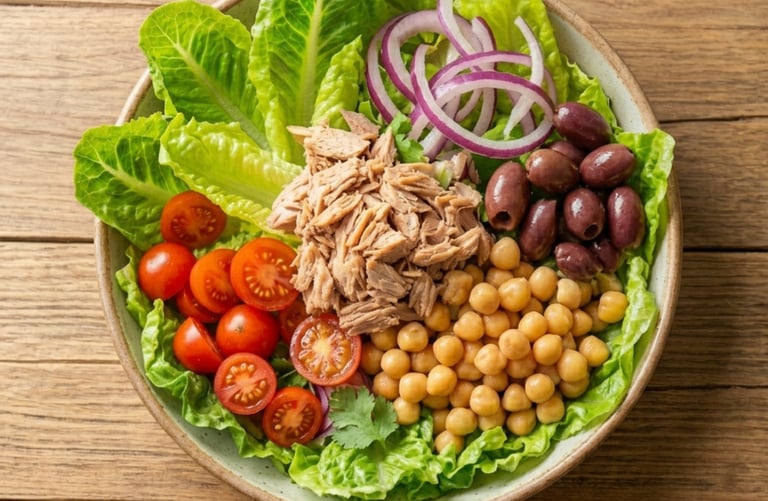 Fresh Mediterranean tuna salad bowl with chickpeas, cherry tomatoes, red onion, and kalamata olives.