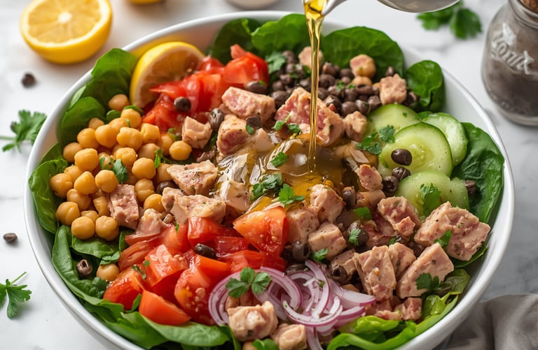 Healthy tuna salad bowl with chickpeas, tomatoes, and olive oil dressing being poured.