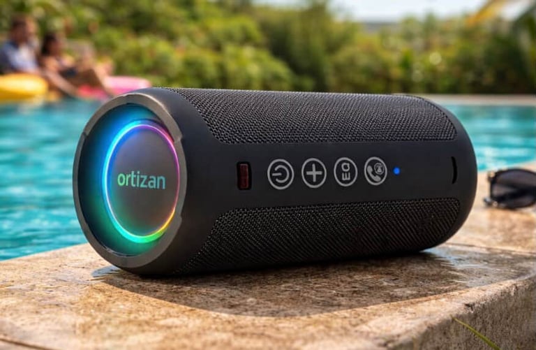 Portable Bluetooth speaker resting poolside for outdoor music and relaxation